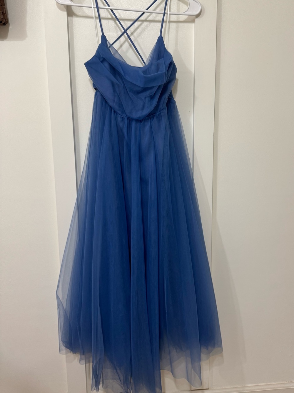 Hello Molly Blue Tulle Midi Dress with Crisscross Straps